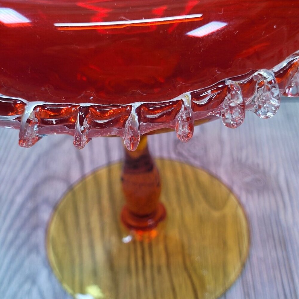 Vintage Ruby Red‎ Art Glass Pedestal Compote Bowl Clear Ruffled Edge 7.5 Inch - Picture 6 of 13